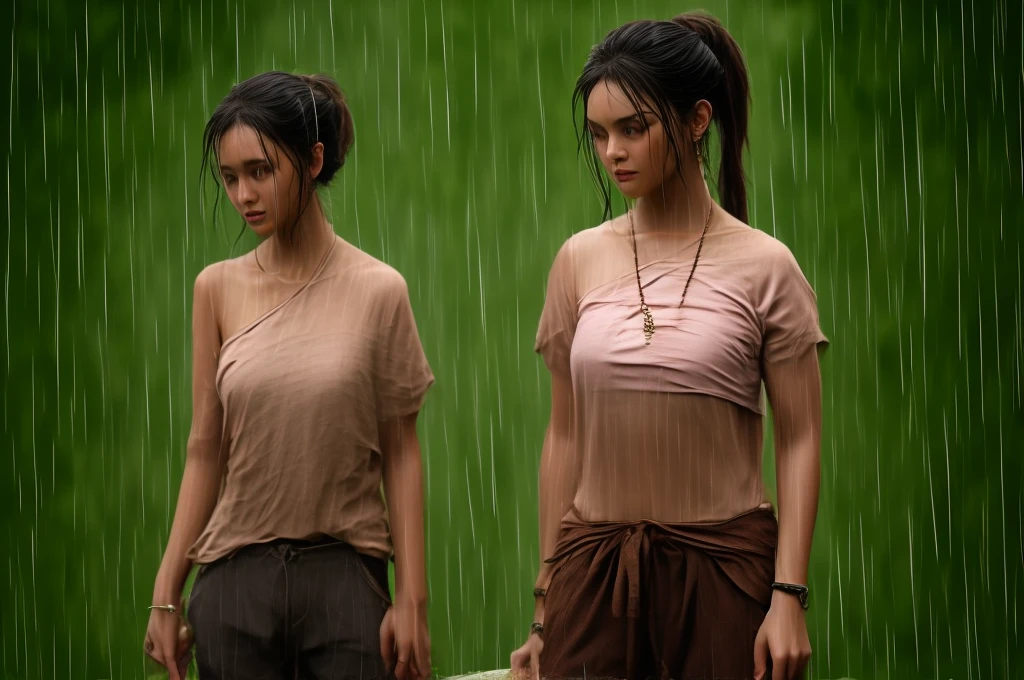 short girl, dark skin, Brown hair, long hair, hair in a low ponytail, matted hair, wide hips, Casual clothes, rain на фоне, rain