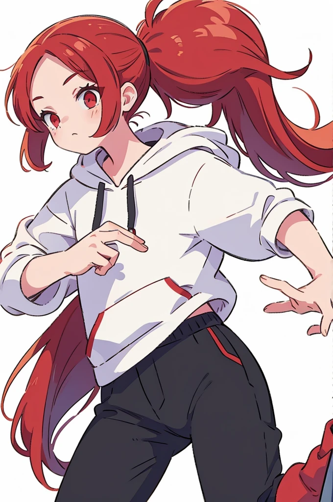 1 person, Adult, Red Hair, ponytail, red eyes, white hoodie, black pants, white background, perfect hands,