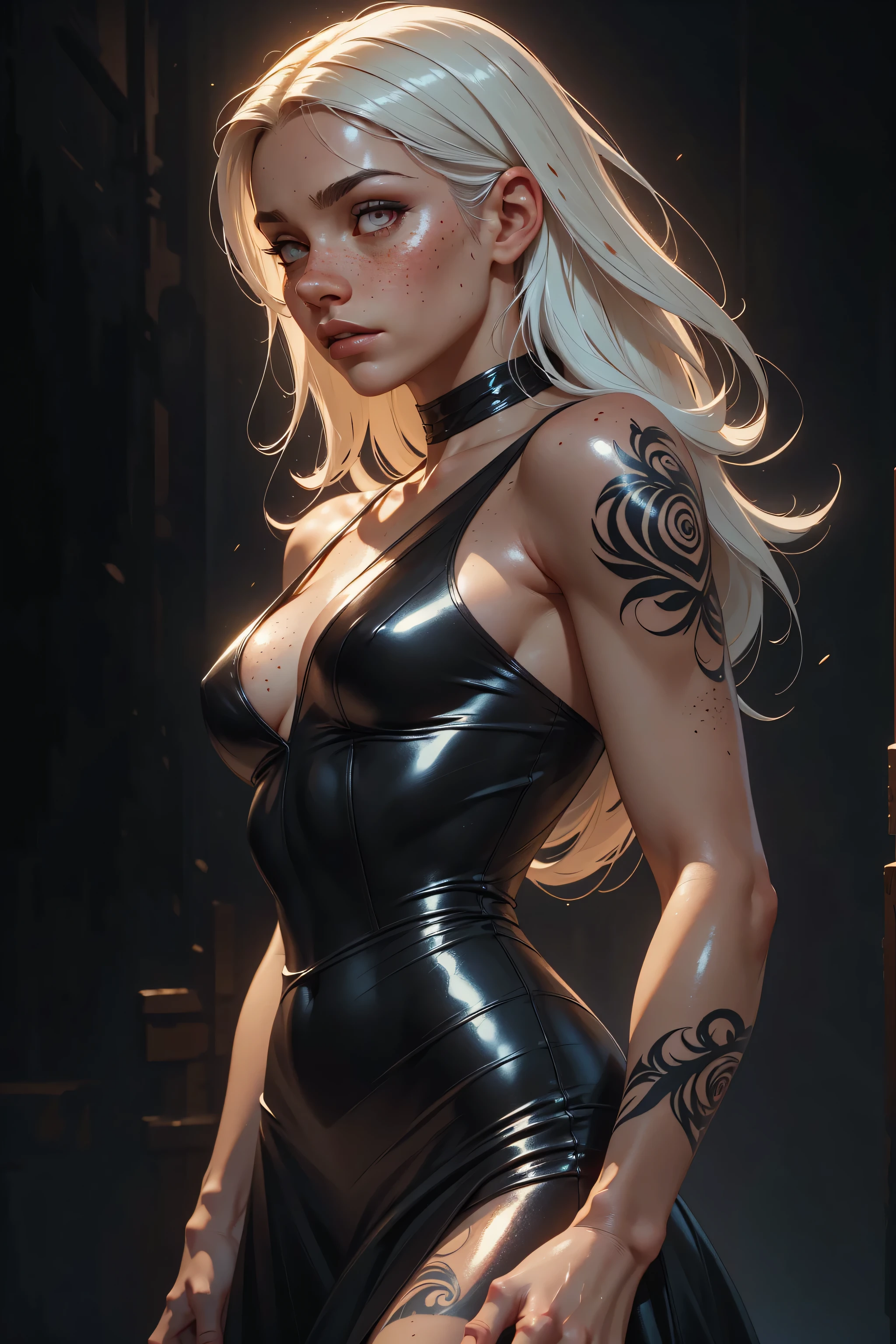 Sinthpaint, Realistic oil paint, 1woman, solo, tattoos, red shiny eyes, long hair, white platinum hair, beautiful, freckles, beautiful body, black dress, grey background, clean background, natural lighting, detailed skin Textures, intricate, detailed face, hyperrealistic, realistic light and shadows , (((cinematic lighting))).