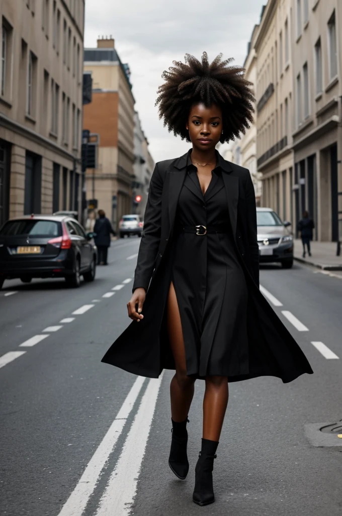generates the image of a black lady crossing the street with a black ,pour l'école