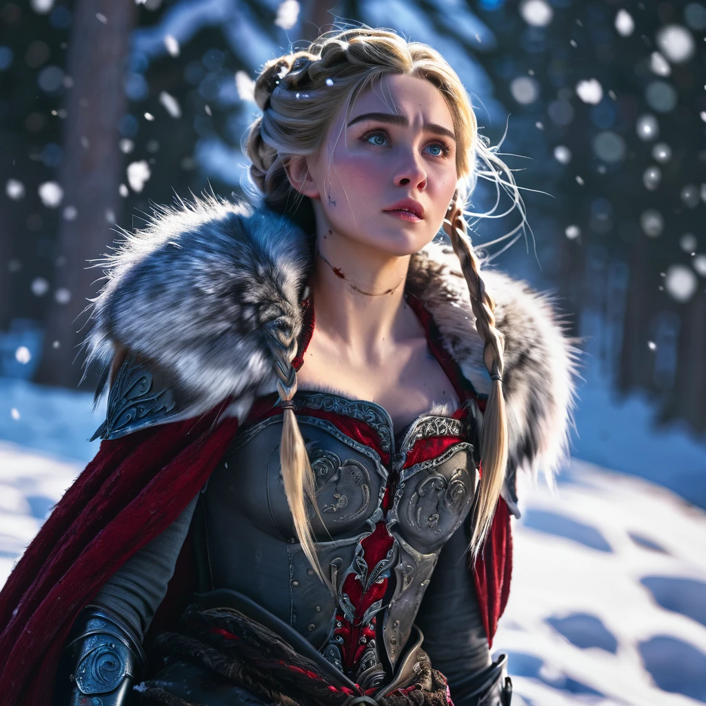 4k highly detailed realistic digital extremely high quality RAW photograph, a portrait photo of Rapunzel that lived with wolves her whole life is now leading them to battle. torn clothes exposing (nude:1.4) body, armored pauldrons, fangs, curled horns, big breasts, ((snow and blood)), ((wolf tattoos)), epic, hyperrealistic, hyperrealism, 8k, cinematic lighting, greg rutkowski, wlop, (f1.8 short focus bokeh)