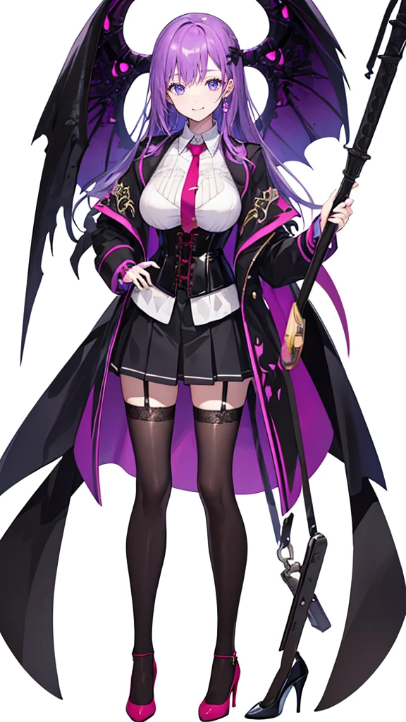 Purple hair woman,long hair,corset,shirt,tie,slightly larger breasts,high heels,simple White background,smile,whole body,full body,full body,Standing picture,vtuber,front,from front,viewer&#39;perspective,Focus your gaze on the front,Standing up straight and looking straight ahead,
