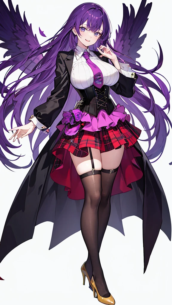Purple hair woman,long hair,corset,shirt,tie,slightly larger breasts,high heels,simple White background,smile,whole body,full body,full body,Standing picture,vtuber,front,from front,viewer'perspective,Focus your gaze on the front,Standing up straight and looking straight ahead,