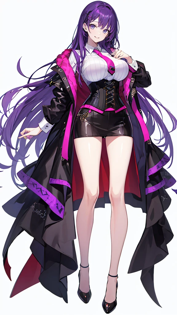Purple hair woman,long hair,corset,shirt,tie,slightly larger breasts,high heels,simple White background,smile,whole body,full body,full body,Standing picture,vtuber,front,from front,viewer'perspective,Focus your gaze on the front,Standing up straight and looking straight ahead,
