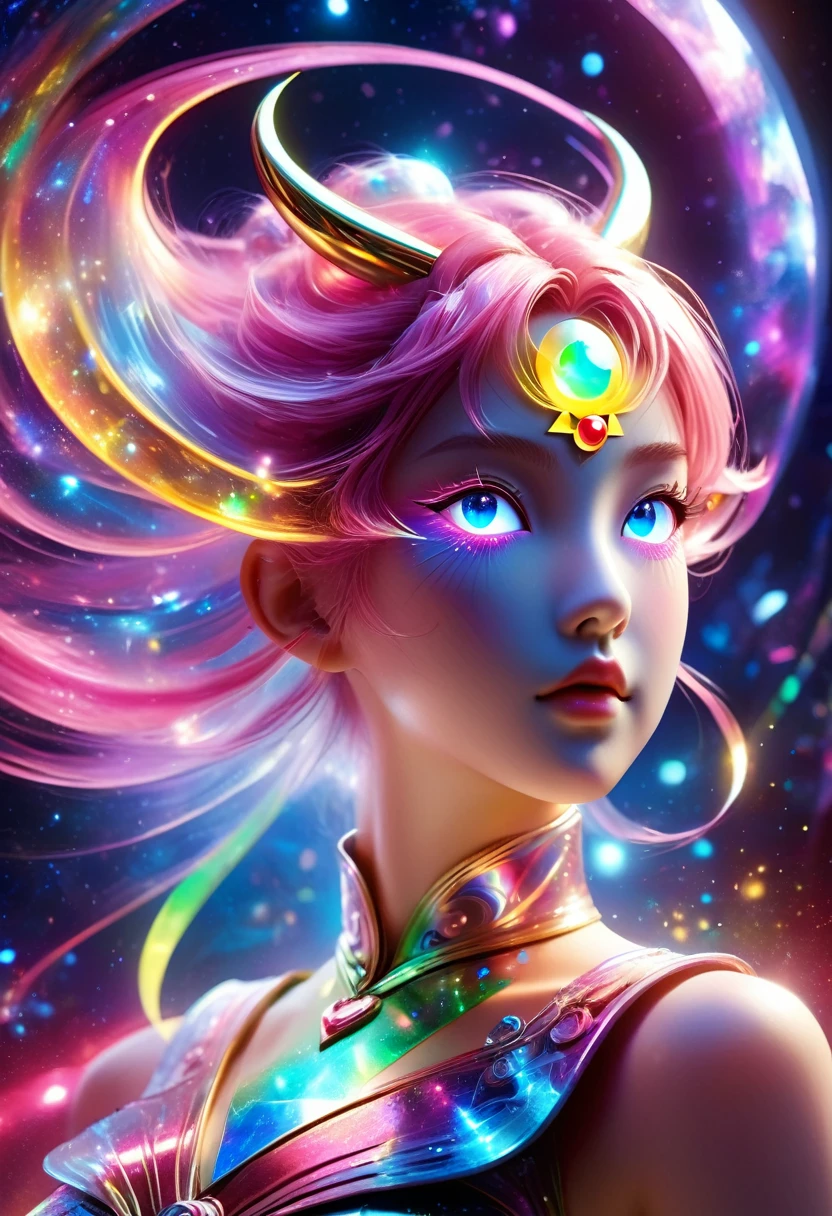 Two dimensions，A super cute &quot;Sailor Moon&quot;（Sailor Moon），mini image，Beautiful slim girl in anime style，cyberpunk，Steampunk，Fault art，Holographic projection，mechanical aesthetics，antiquity，neon lights，Laser light，fluorescence，space light，glow effect，Intersex lighting，rainbow foil，Unreal Engine，Deep hybrid minimalism/Maximalist two-dimensional pointillism style，photorealistic oil painting/Watercolor style，Cute happy expression，Holographic specimen with layered shadows，Hazy ruby and opal kaleidoscope on onyx background，Diffuse ionospheric reflection，Vibrant iridescent sharp contrasting colors，inspired by edgar degas、Vermeer、Mucha、Masterpieces by Monet and other masters，complex against neon、Money、uranium、Tin magnetosphere detail。high definition definition，masterpiece，Extra large round monochrome eyes，whole body，Big head doll，front view，cute aesthetic，rich background，Rich in details。