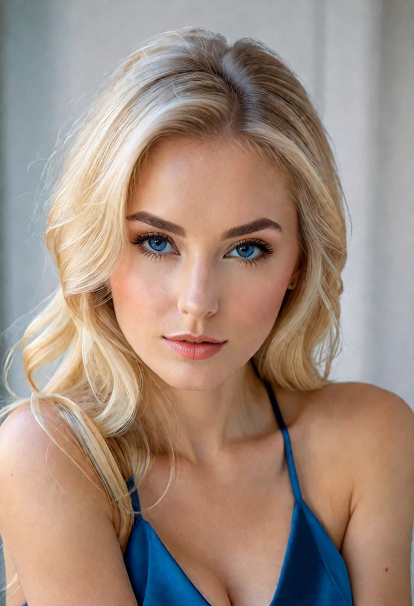 ultra realistic, real life, woman in a blue dress posing for a picture, blonde hair, big fake breast, soft portrait shot 8k, finely detailed perfect face, lovely delicate face, sexy look at the camera, blonde long hair, large eyes, close-up perfect face, extremely beautiful face, stunning closeupheadshot, perfect face, very pretty face