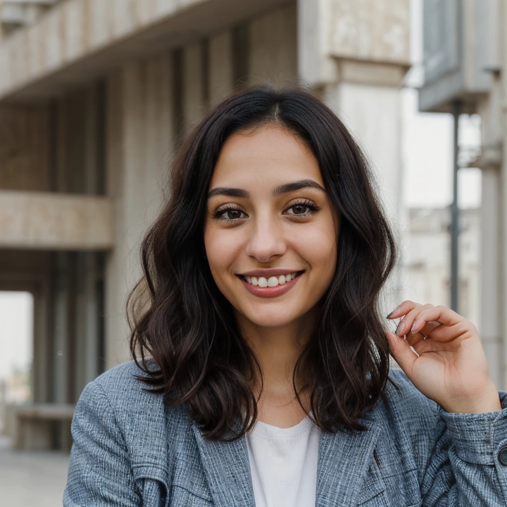 one cute women, 29YO, white, Arab, cute face, realistic brown eyes, blue jacket, black hair, cute smile, skinny face, white realistic teethes, big eyes, short wavy hair