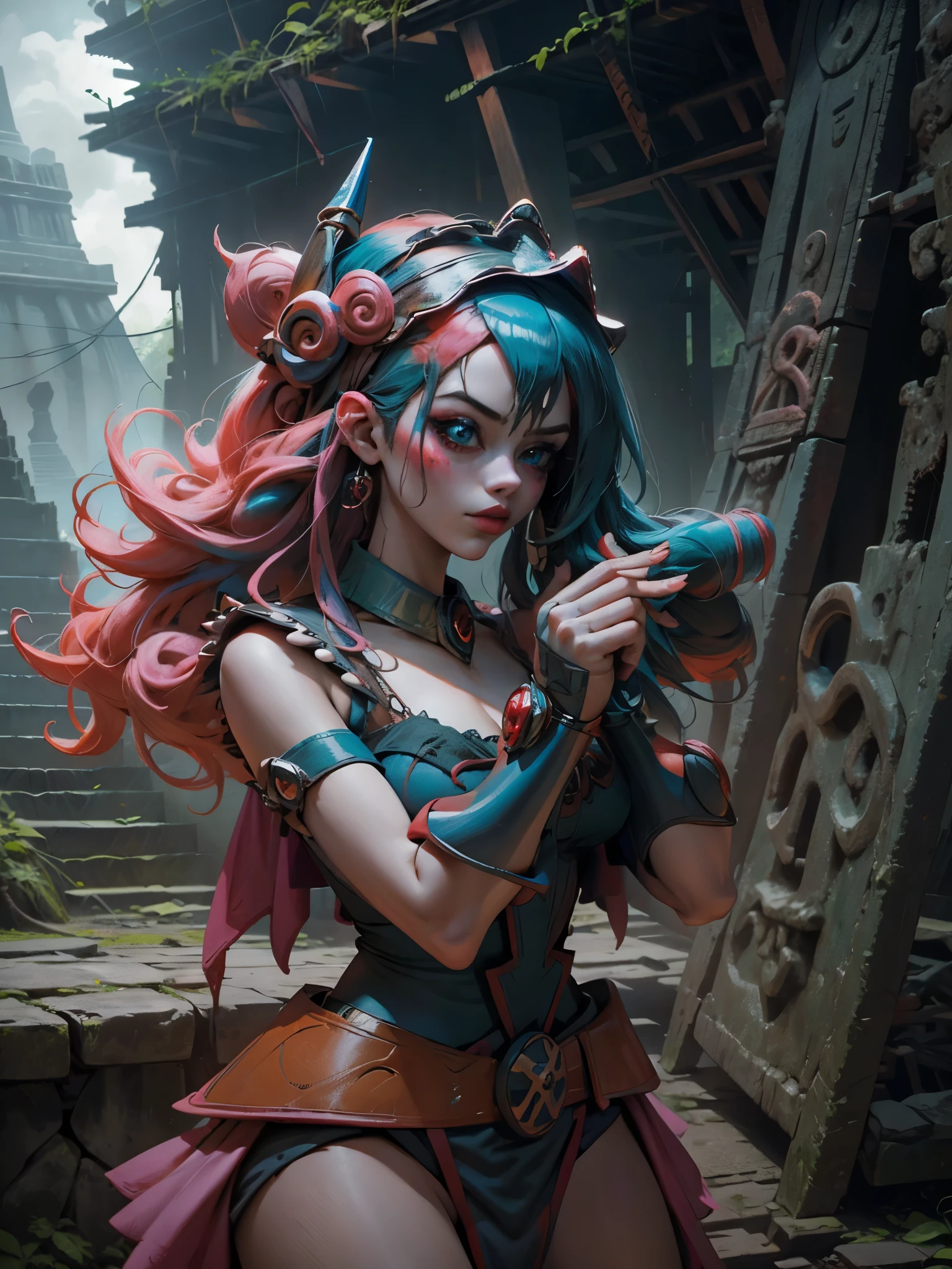 Hermosa y sensual dark magician gils vestida como Harley Quinn. pelo rojo y azul. Labios rojos. Ojos azules. Fondo de ruinas MAYAS De TIKAL. en medio de la selva . Ruina maya de Tikal. Pose amistosa