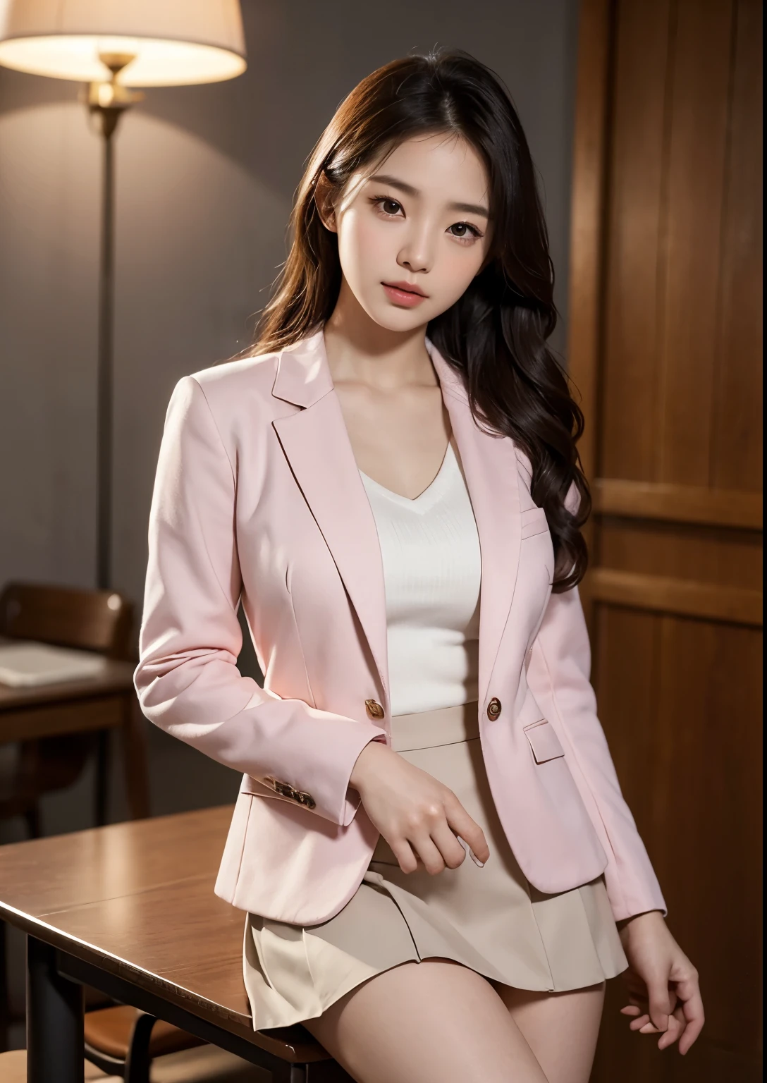 a beautiful korean college girl, wearing a pink blazer, short skirt uniform, in a classroom setting, extremely detailed eyes and face, longeyelashes, beautiful detailed lips, intricate and ornate design, (best quality,8k,highres,masterpiece:1.2),ultra-detailed,(realistic,photorealistic,photo-realistic:1.37),warm lighting,vibrant colors,soft focus,elegant,cinematic,highly detailed,professional digital art