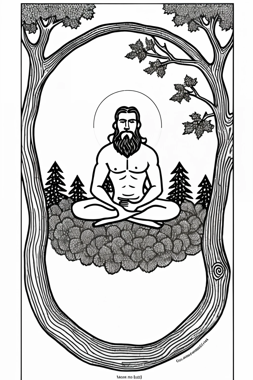 Mendicant Meditating under a Tree Coloring Page
Instructions for Drawing. make it detailed with lot of interesting patterns.  eyes closed. hands on knees in mudra.

Tree Trunk:

Draw a straight vertical line for the trunk.
Add branches spreading outwards at the top.
Tree Canopy:

Draw a large circle around the branches to form the leafy canopy.
Mendicant's Body:

Draw an oval for the head.
Add lines for the body sitting cross-legged (triangle or oval for simplicity).
Beard and Hair:

Long, wavy lines for the beard and matted locks.
V Mark:

A large V shape on the forehead of the oval head.
Forest Background:

Simple flowers and plants at the bottom.
Add birds and small animals as desired.