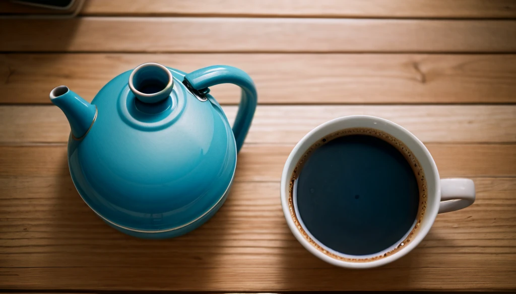 A blue coffee pot and a cup of hot coffee seen from above, background azul marinho, obra de arte, 8k, high resolution