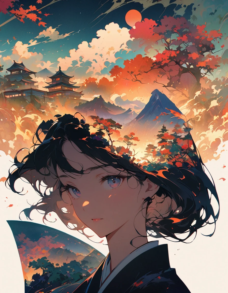 Girl silhouette, filled with scenes of old Japan , traditional japanese landscape, close-up, double exposure, White background