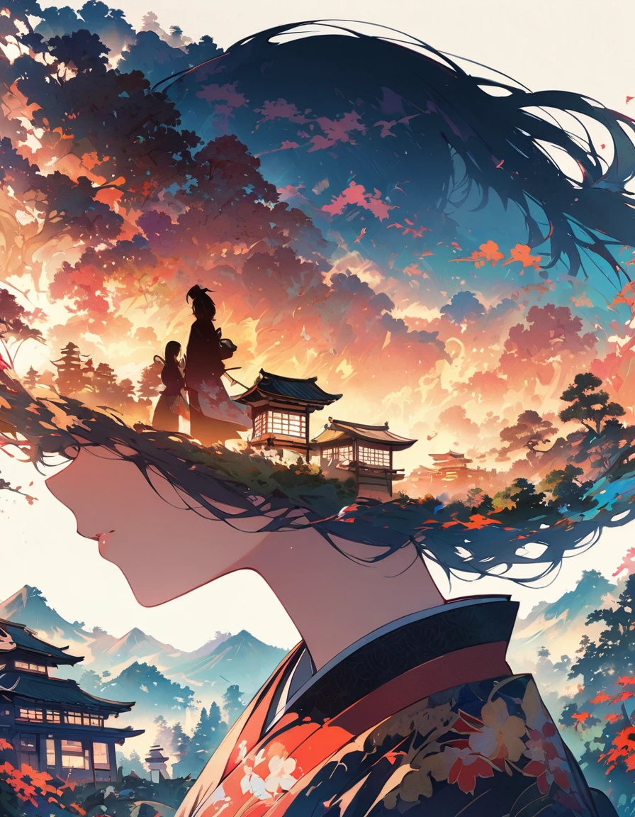 Girl silhouette, filled with scenes of old Japan , traditional japanese landscape, close-up, double exposure, White background
