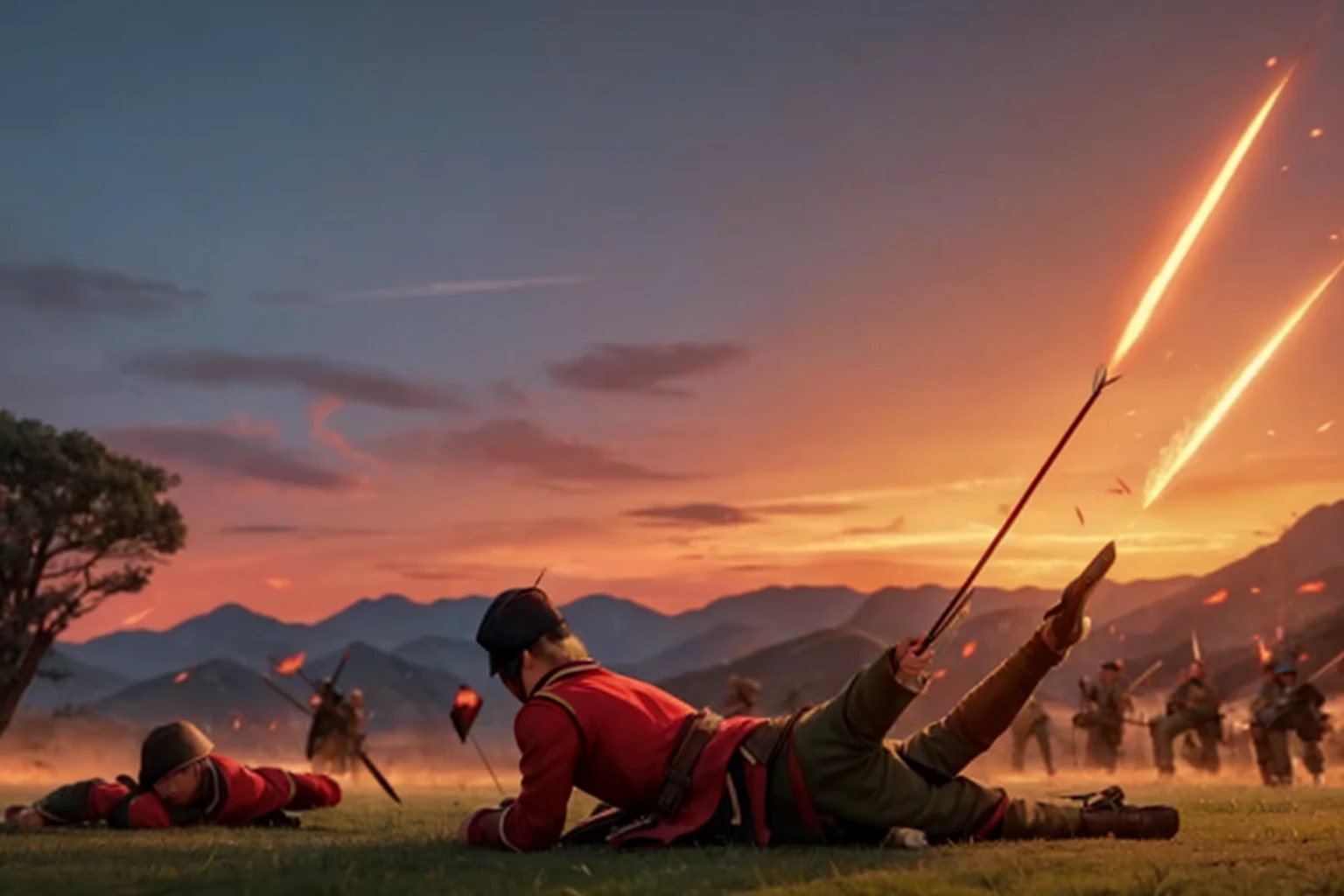 Scenes on the Chinese battlefield In front of him, there was a person lying on the ground. Behind them, there were soldiers from two sides wearing Chinese uniforms fighting. Some used lances, some shot arrows. The sky was red. There were fire arrows still shooting each other through the sky. 