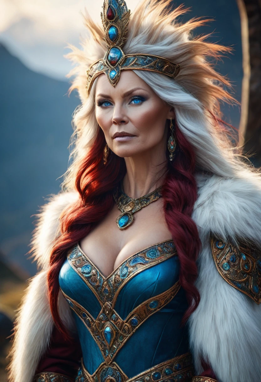 Full body Portrait of the Great Nordic Queen, a very gorgeous woman, 50 years old, thick healthy body, erotic warrior costumes, dark red styled fluffy hair, natural Blue eyes, a nose with a bump, an elongated chin, dressed in ancient national,
8k resolution, dynamic lighting hyperdetailed intricately detailed Splash art trending on Artstation triadic colors Unreal Engine 5 volumetric lighting, oil painting, heavy strokes