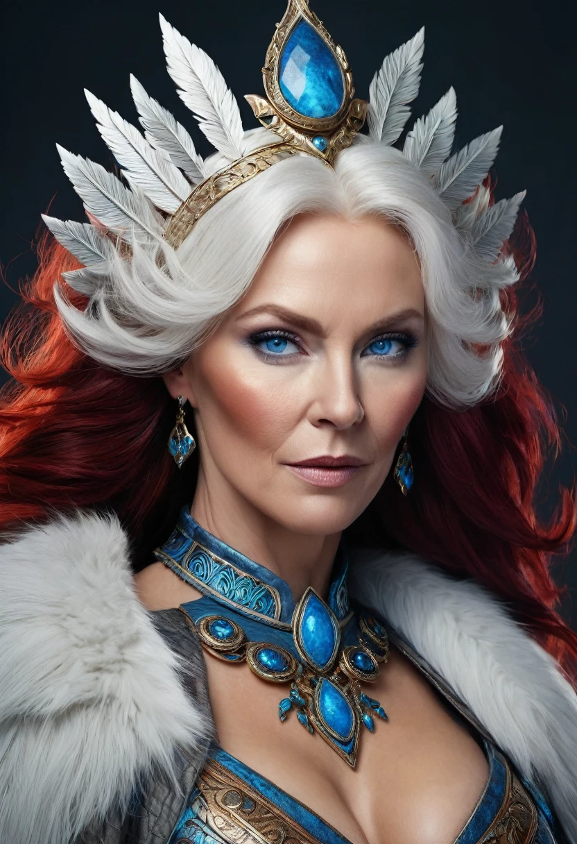 Full body Portrait of the Great Nordic Queen, a very gorgeous woman, 50 years old, thick healthy body, erotic warrior costumes, dark red styled fluffy hair, natural Blue eyes, a nose with a bump, an elongated chin, dressed in ancient national,
8k resolution, dynamic lighting hyperdetailed intricately detailed Splash art trending on Artstation triadic colors Unreal Engine 5 volumetric lighting, oil painting, heavy strokes