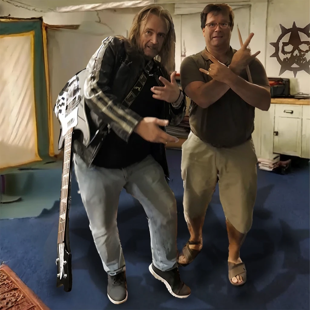 they are posing for a picture in a room with a blue carpet, gustave dore and greg rutkowski, greg rutkowski and wayne barlowe, kyuyong eom and boris vallejo, jeff easley and scott m fischer, alex horley and jimmy nelson!, holding electric guitars, with leviathan axe, mars ravelo and greg rutkowski