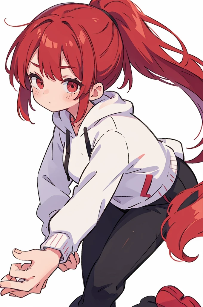 1 woman, Adult, Red Hair, ponytail, red eyes, white hoodie, black pants, white background, perfect hands,