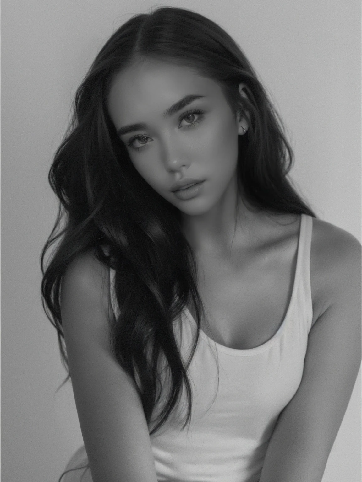 Close-up of a woman with long hair wearing a tank top, 2, 4 year old girl model, Kaylee Mandel, inspired by Louise Mathiasdottir, Portrait of a girl Madison Beer, In black and white, black and white portrait, Black and white photo, Victoria Havrylenko, photo of the model, half body head shot