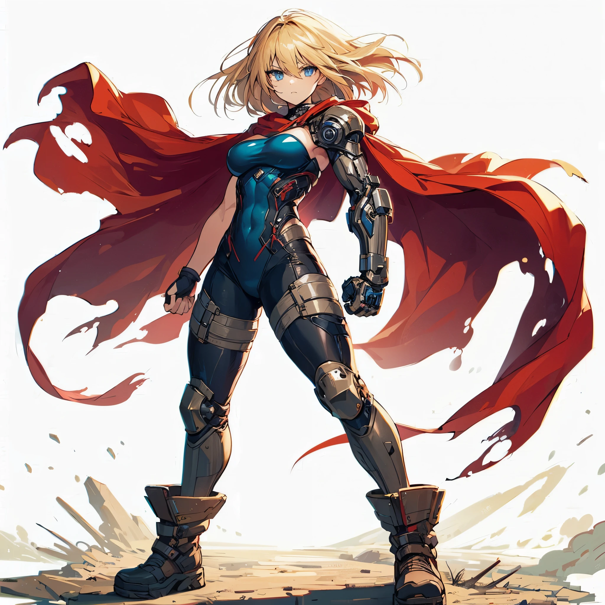 (masterpiece, Best Quality), (detailed hairs), Ultra-detailed, Anime style, Full body, Solo, Cyberpunk martial arts girl, blonde hair, blue eyes, wrestler costume, folded arms, heroic stance, red cape fluttering in the wind, wearing long boots, ultra-massive, tall stylish, VERY MASSIVE. Muscular but feminine body shape, White background, standing full length, standing on wasted earth,