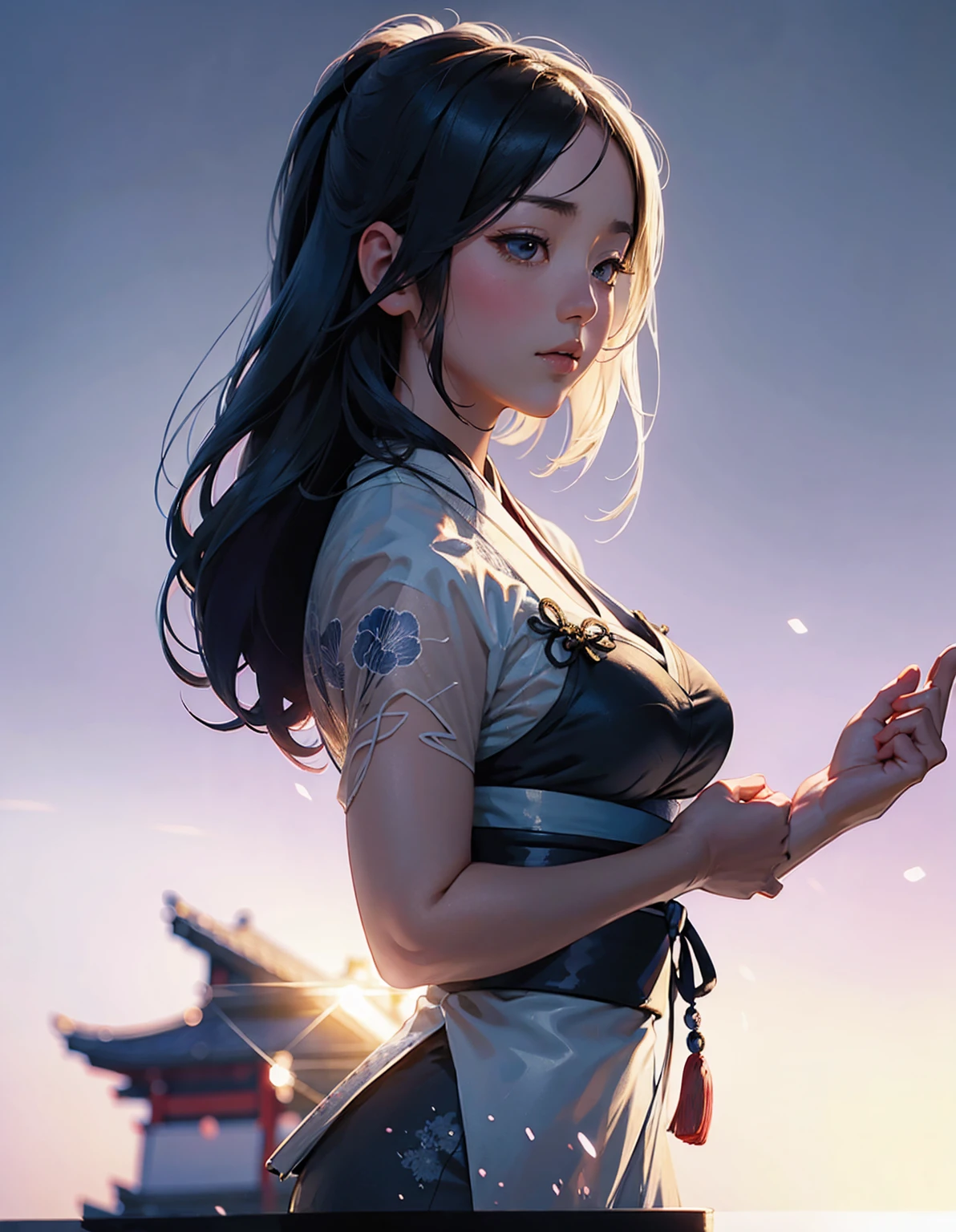 Girl silhouette, filled with scenes of old Japan , traditional japanese landscape, close-up, double exposure, White background