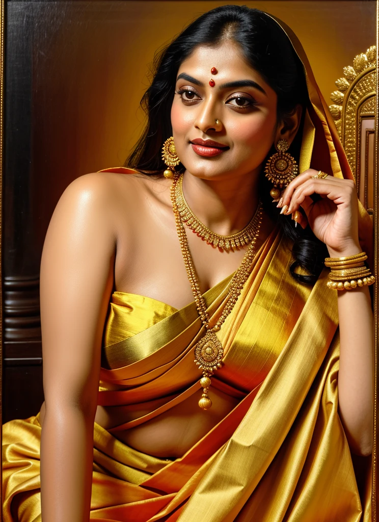 Beautiful painting of a woman in a sari with a necklace and earrings, looks like Sandeepa Dhar, inspired by Raja Ravi Varma, szukalski ravi varma, portrait of a beautiful goddess, by Raja Ravi Varma, indian goddess, traditional beauty, a stunning portrait of a goddess, inspired by T. K. Padmini, indian art, indian goddess of wealth, portrait of a goddess, bulky figure, fleshy woman, skin pores, thick figure, attractive beauty, stunning beauty,