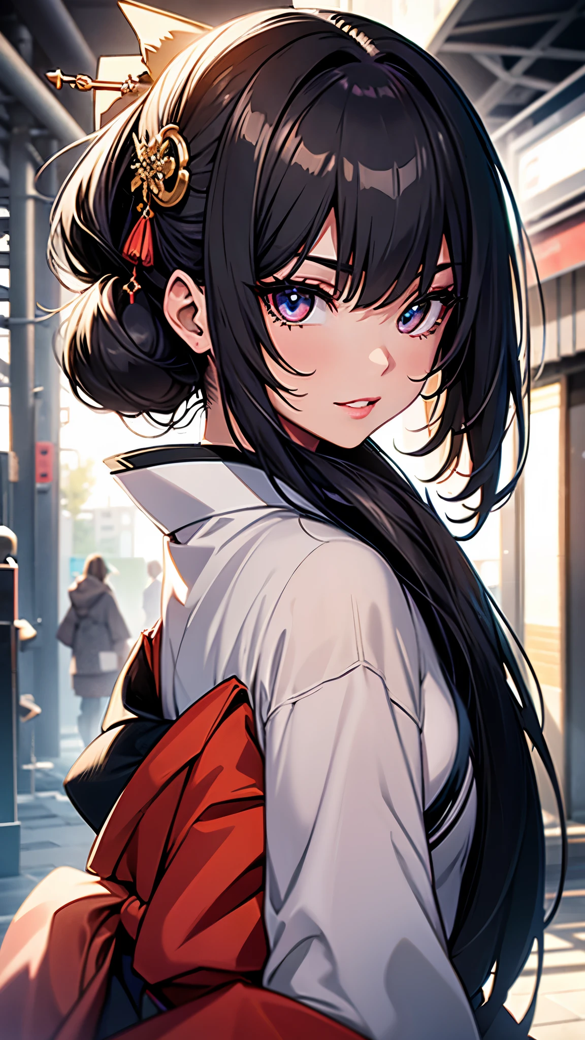 (1girl:1.3), Masterpiece, Best quality, amazing beauty, [[3D]], 4K, absurdres, finely detail, super detailed eye, perfect anatomy, official art, cinematic lighting, BREAK, sandy beach, silky long hair, silky straight hair, black hair, super shiny detailed black eye, big eyes, cute eyes, thick eyebrow, Looking at Viewer(camera), Looking Back, close-mouth, full lips, Eyeliner, False eyelashes, red lips, hairpin, happy face, BREAK , big breasts, tall, slender, glistening skin, sitting, She puts on her cheekbones, face close-up,  from front, BREAK , , BREAK,(kimono:1.3)