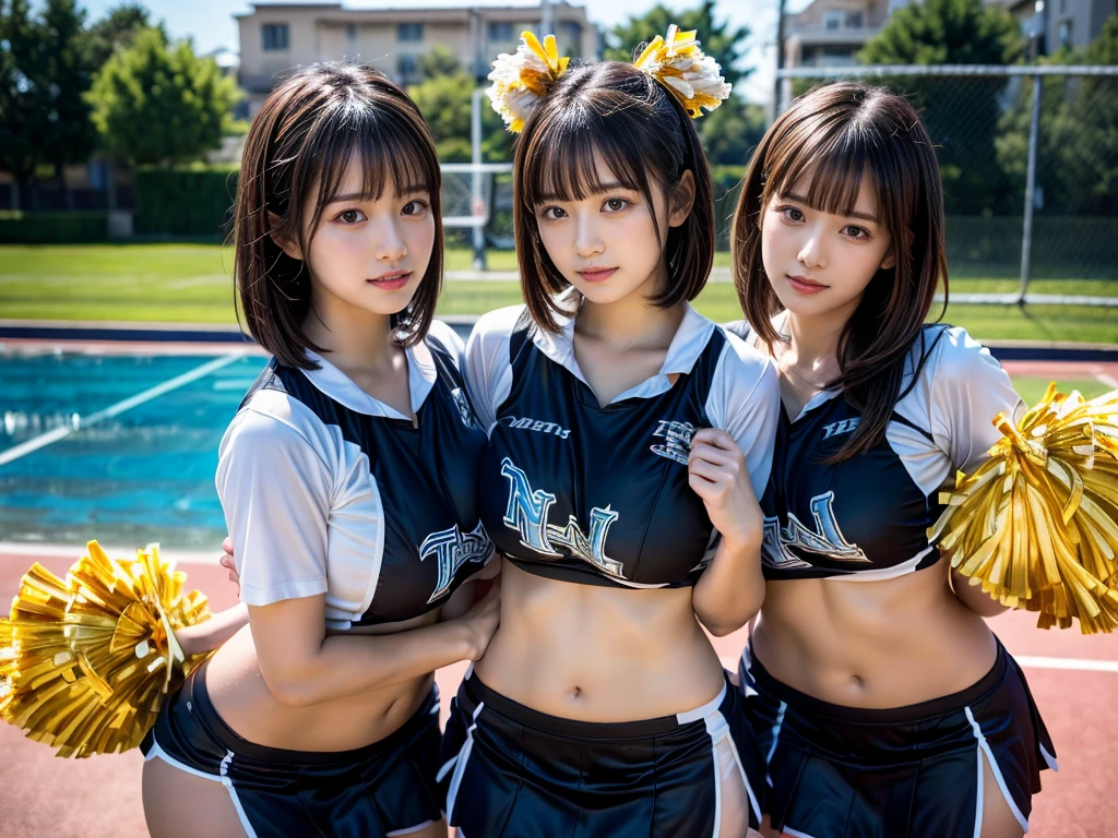 (RAW photo, 4k, masterpiece, high resolution, extremely complex) (realistic: 1.4), cinematic lighting
((2 girls, 2 schoolgirls)),blushing,((innocent)),bright eyes,round eyes,blunt bangs,(short bob hair:1.3),black hair,large breasts,wide hips,Summer Noon, ,Hot, (Best Quality), (Highres), (an Extremely Delicate and Beautiful),(Beautiful 8k face),(Brown eyes),( spectators),(gigantic breasts),(Play with each other,Touching each other's bodies,Touching the body),(cheer girl:1.5),(a miniskirt),(reality),bright lighting,(The background is a luxury hotel room)
