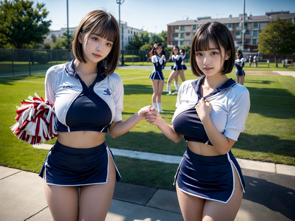 (RAW photo, 4k, masterpiece, high resolution, extremely complex) (realistic: 1.4), cinematic lighting
((2 girls, 2 schoolgirls)),blushing,((innocent)),bright eyes,round eyes,blunt bangs,(short bob hair:1.3),black hair,large breasts,wide hips,Summer Noon, ,Hot, (Best Quality), (Highres), (an Extremely Delicate and Beautiful),(Beautiful 8k face),(Brown eyes),( spectators),(gigantic breasts),(Play with each other,Touching each other's bodies,Touching the body),(cheer girl:1.5),(a miniskirt),(reality),bright lighting,(The background is a luxury hotel room)