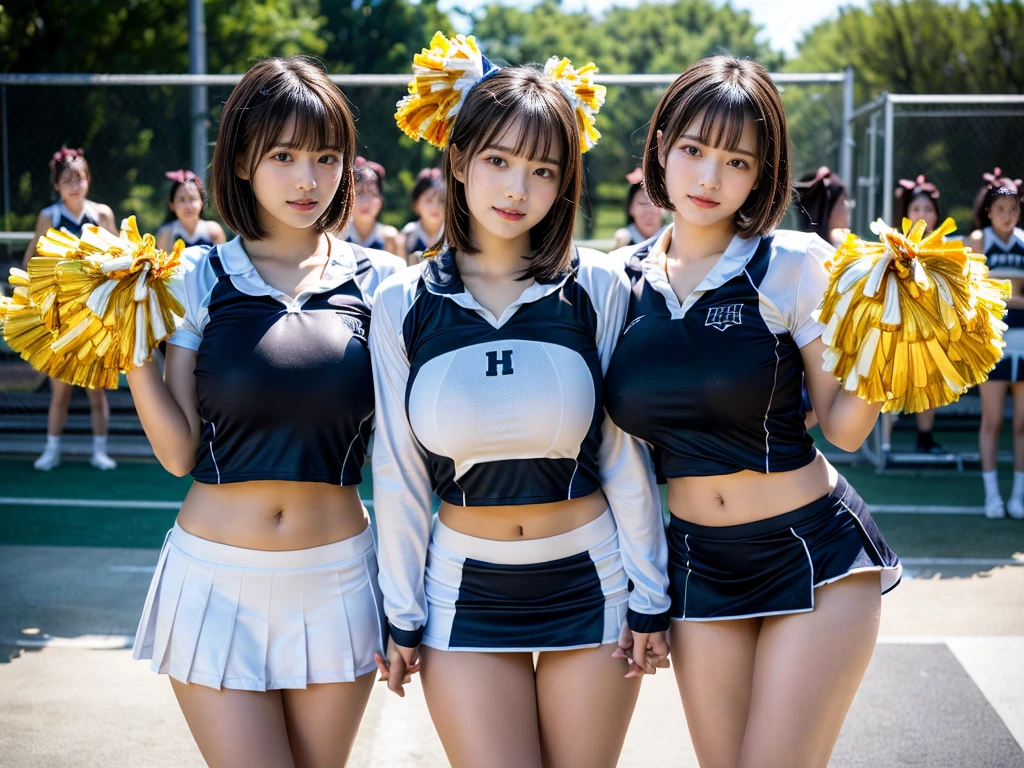 (RAW photo, 4k, masterpiece, high resolution, extremely complex) (realistic: 1.4), cinematic lighting
 ((2 girls, 2 schoolgirls)),blushing,((innocent)),bright eyes,round eyes,blunt bangs,(short bob hair:1.3),black hair,large breasts,wide hips,Summer Noon, ,Hot, (Best Quality), (Highres), (an Extremely Delicate and Beautiful),(Beautiful 8k face),(Brown eyes),( spectators),(gigantic breasts),(Play with each other,Touching each other's bodies,Touching the body),(cheer girl:1.5),(a miniskirt),(reality),bright lighting,(The background is a luxury hotel room)