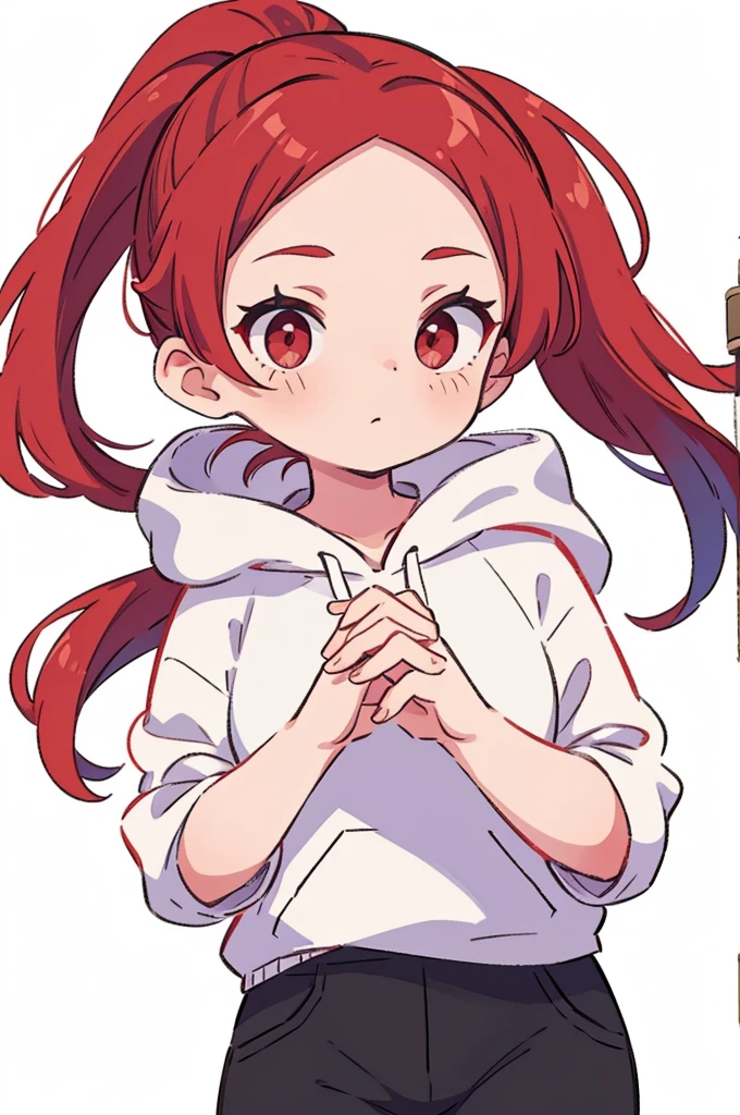 1 woman, Adult, Red Hair, ponytail, forehead, red eyes, white hoodie, black pants, white background, perfect hands,