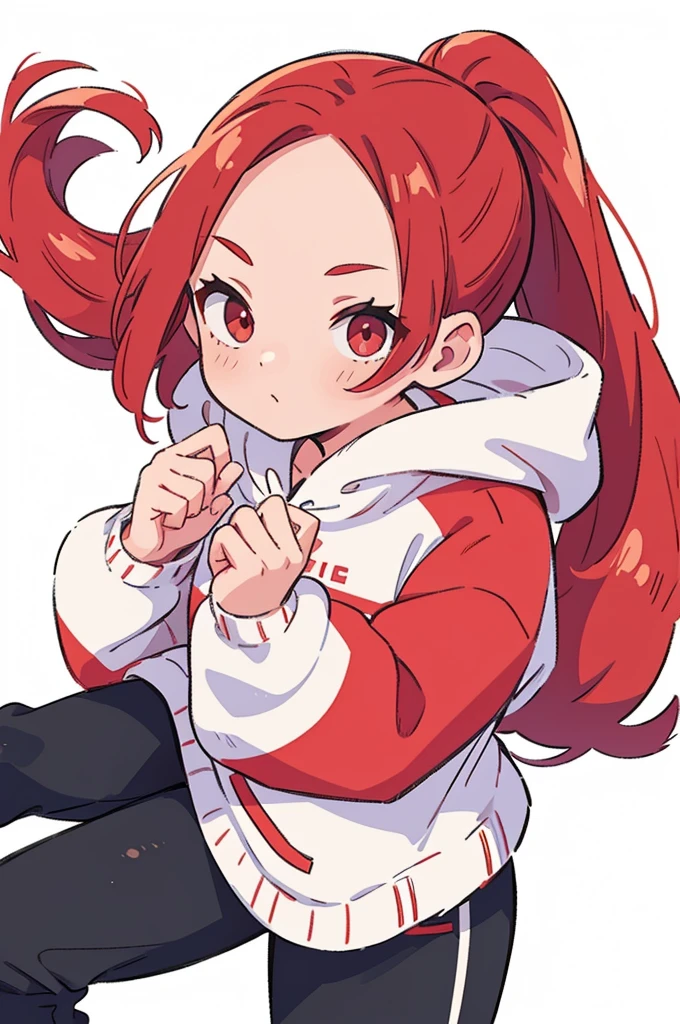 1 woman, Adult, Red Hair, ponytail, forehead, red eyes, white hoodie, black pants, white background, perfect hands, 