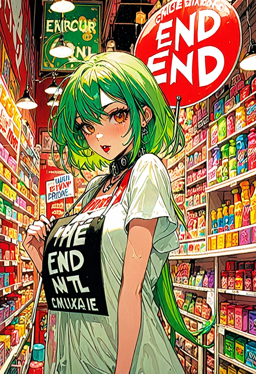 punk girl, green hair, y, in the middle of a small candy store, facial cumum, a lot cum, (((holdssign with the text: "END"))), art by Bill Sienkiewicz, intricate details. red tones