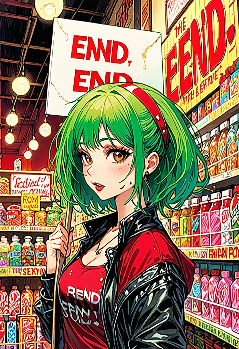 punk girl, green hair, sexy, in the middle of a small candy store, facial cumshot, cum, a lot of cum, (((holds a sign with the text: "END"))), art by Bill Sienkiewicz, intricate details. red tones