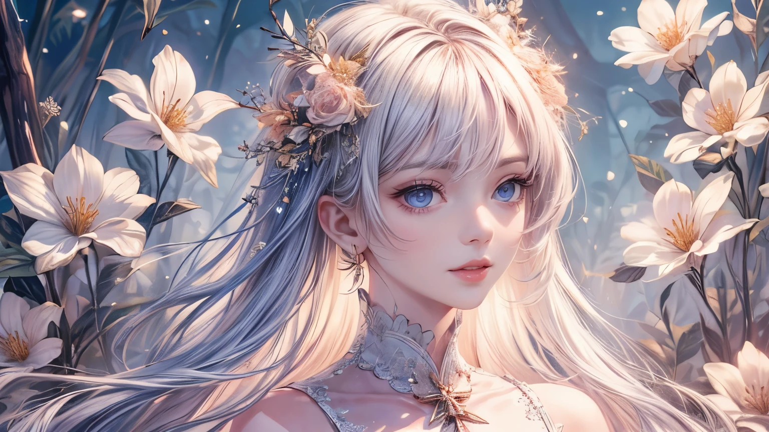 (best quality,8K,CG),detail upper body,lonesome girl,floral dress,forest background,detailed facial features,elegant long hair,almond-shaped eyes,detailed eye makeup,long fluttering eyelashes,blinking big eyes,twinkling stars,complex lip details,soft style