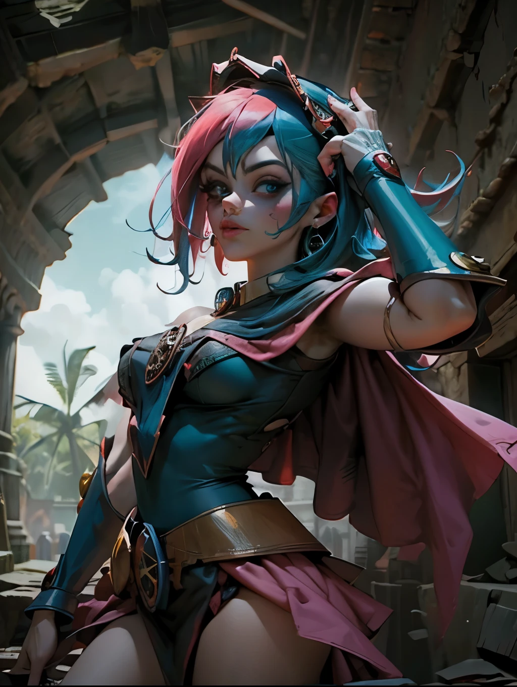 Hermosa y sensual dark magician gils vestida como Harley Quinn. pelo rojo y azul. Labios rojos. Ojos azules. Fondo de ruinas MAYAS De TIKAL. en medio de la selva . Ruina maya de Tikal. Pose amistosa