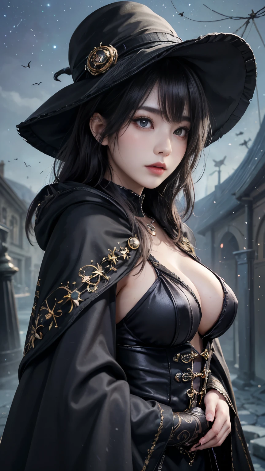 (Fatal Beauty,A charming villain,witch) ,(A supple and powerful physique),(Sensual charm),(Mysterious charm:1.1),(Captivating silhouette),((((Skull-shaped orb))))、((((big sapphire necklace))))、(highest quality,High resolution:1.2),(dark,Threatening:1.1),((dark horror theme:1.5),(Thriller:1.5)),(Dark fantasy:1.5),  (((Countless stars fly away:1.5),(Absurd:1.5),(wonderful:1.5))),Woman in a dress, (Powerful numbers:1.1),(((Big Breasts))),(((Muscular:1.1))), cute face, Sexy Face, , Very detailedなbeautiful女の子, (Ideal body type:1.8), Very detailed faceexpressive lips, (とてもbeautiful、Crisp big eyes:1.5), Fine skin., All features are shown in detail., The outline of the fingers is beautifully drawn....., The nose is precisely shaped., expressive lips, Perfect Anatomy,cute、Realistic、(Front view:1.4),(Face Focus:1.3), realistic girl rendering, 8k artistic german bokeh, Enchanting girl, Real Girls, Gurwitz, Gurwitz-style artwork, Girl Roleplay, Realistic 3D style, cgstation Popular Topics, 8K Portrait Rendering,(truth，truth：1.4),Sexy Body,( Very lean body:1.6),Sexy pose, blush, Attractive body, Very curly hair, Purple Curly Hair, very big hair, Very curly hair, prime color,Urban,Very detailed,masterpiece,Intricate details,Faded,Very detailed, Eye for details,Intricate details,暗くてSpooky atmosphere,  Spiritual Beings, Unforgettably beautiful, Ghostly figures, Shadow-like shape, Spooky whispers, Ominous Aura, Goth Maiden,  Like dazzling fur in a starless haze,Her Mogul Snaps, Mysterious Cemetery,Black hair swaying in the moonlight, She summons darkness, (beautiful: 1.7), (Black Hat: 1.6), (An intricately decorated jet-black cloak: 1.6), (Delicately decorated cloak, Despite the damage: 1.5), Hypermaximalist,  Breathtaking oil paintings, Surreal, Ultra-realistic digital illustrations that mimic the style of oil paintings, wonderful構成,  (Shining Eyes:1.6)、(Glowing Eyes:1.1),(hellish landscape:1.1),(fire,sulfur:1.1),(Threatening atmosphere:1.1),(dark shadows,Threatening presence:1.1),(Unlucky Clouds,Stormy Skies:1.1),(dark,Spooky atmosphere:1.1),(Aura of misfortune,Evil energy:1.1),(dark aura,cigarette:1.1),(Extreme heat,Burning Flames:1.1),(Nightmare Visions:1.1),(Predicting the end:1.1),(Whispers of misfortune,Devilish Laugh:1.1),(Cry of pain,echoing screams:1.1),(Bad luck symbol,Ancient runes:1.1),(Mysterious Relic,dark art ifacts:1.1),(Infernal Ritual,Ritual sacrifice:1.1),(Eternal Ruin,A hopeless existence:1.1),  Inspired by abandoned mech backgrounds. Art created by Craig Mullins, Necrostyle., Detailed Description, Futuristic sci-fi scene. Focus on SFCon