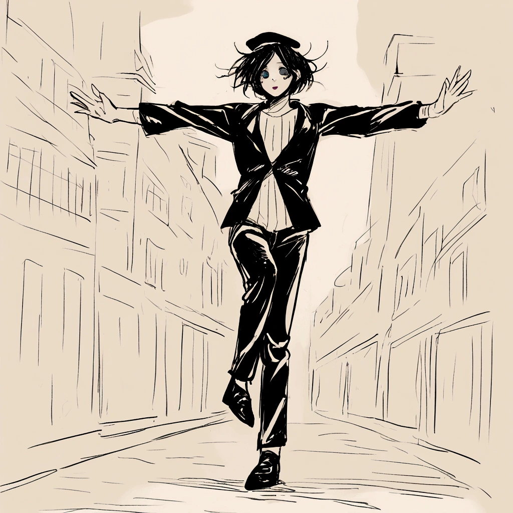 adult tall male mime, shirt grunge, sketchy lines, messy hair, black hair, wearing a beret,,happy, has mime makeup on, wearing a mime outfit, dark blue eyes, performing on the streets of paris, showing full body, on a city street, solo, alone, (SOLO)(ALONE) Dancing, arms out, hands open