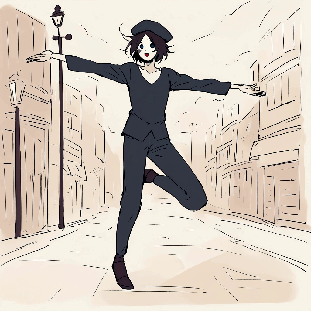 adult tall male mime, shirt grunge, sketchy lines, messy hair, black hair, wearing a beret,,happy, has mime makeup on, wearing a mime outfit, dark blue eyes, performing on the streets of paris, showing full body, on a city street, solo, alone, (SOLO)(ALONE) Dancing, arms out, hands open