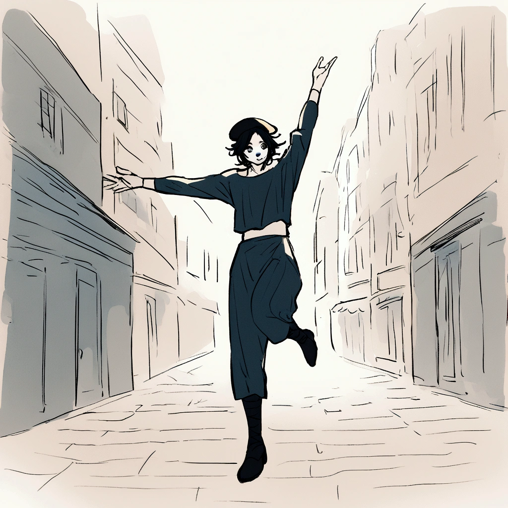 adult tall male mime, shirt grunge, sketchy lines, messy hair, black hair, wearing a beret,,happy, has mime makeup on, wearing a mime outfit, dark blue eyes, performing on the streets of paris, showing full body, on a city street, solo, alone, (SOLO)(ALONE) Dancing, arms out, hands open