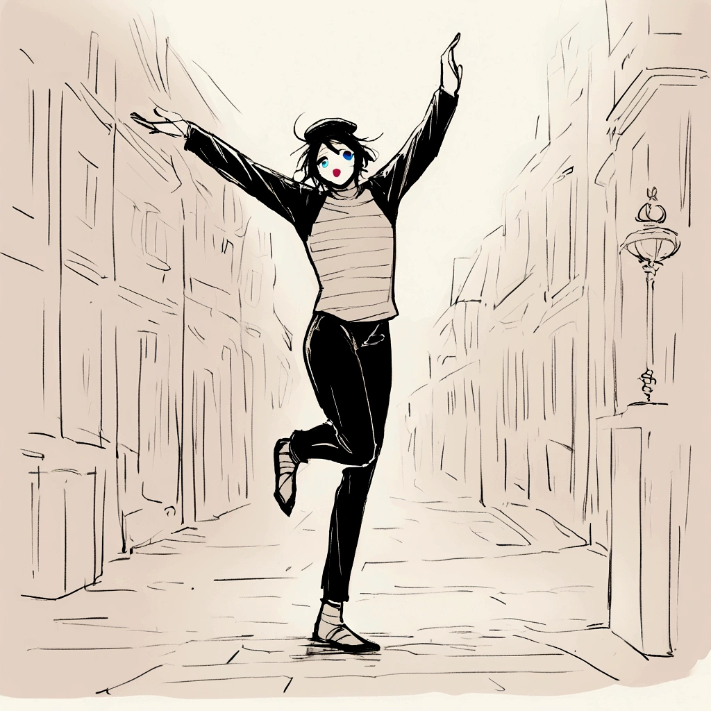 adult tall male mime, shirt grunge, sketchy lines, messy hair, black hair, wearing a beret,,happy, has mime makeup on, wearing a mime outfit, dark blue eyes, performing on the streets of paris, showing full body, on a city street, solo, alone, (SOLO)(ALONE) Dancing, arms out, hands open