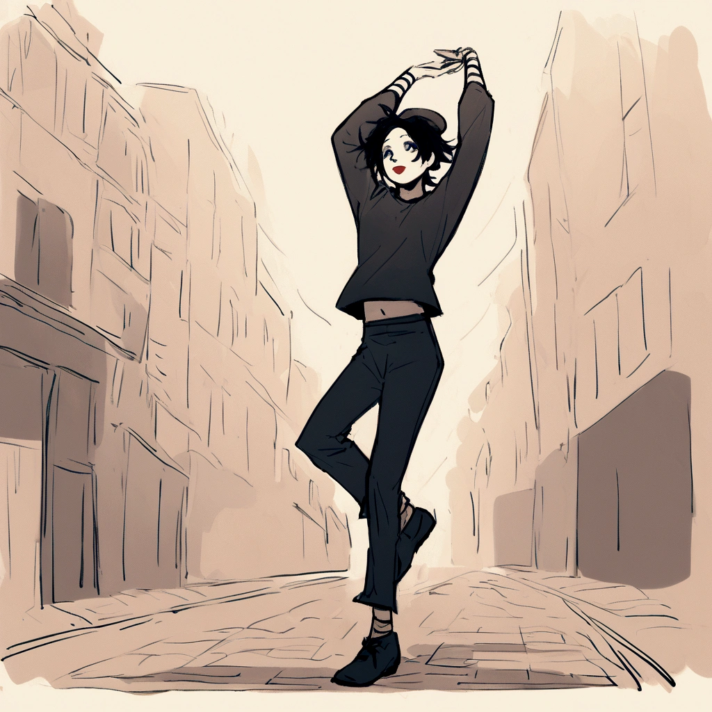 adult tall male mime, shirt grunge, sketchy lines, messy hair, black hair, wearing a beret,,happy, has mime makeup on, wearing a mime outfit, dark blue eyes, performing on the streets of paris, showing full body, on a city street, solo, alone, (SOLO)(ALONE) Dancing, arms out, hands open