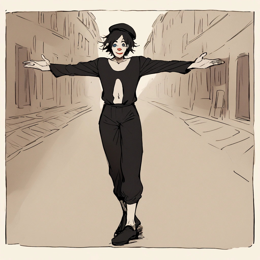 adult tall male mime, shirt grunge, sketchy lines, messy hair, black hair, wearing a beret,,happy, has mime makeup on, wearing a mime outfit, dark blue eyes, performing on the streets of paris, showing full body, on a city street, solo, alone, (SOLO)(ALONE) Dancing, arms out, hands open