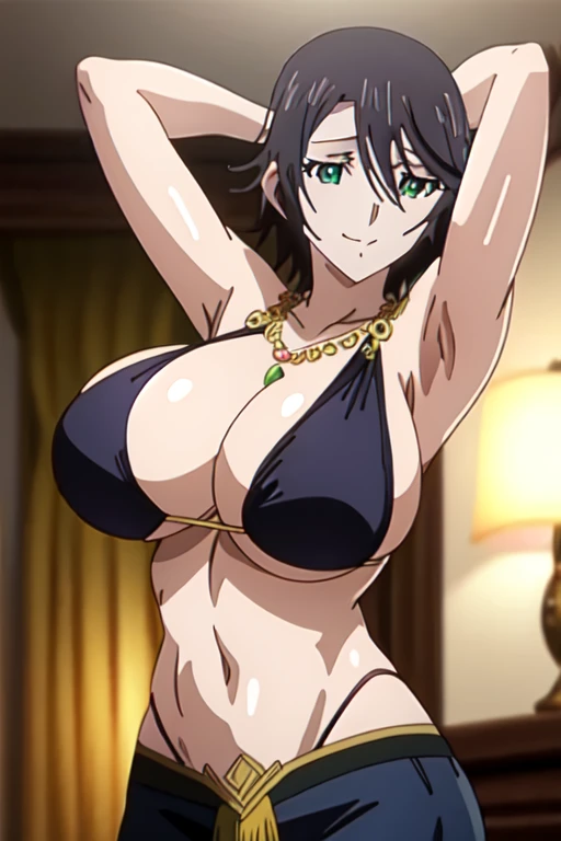 " ((All  arabian hot dancer visible)), (arms above head), (love room night day),(beautiful anime green specific eyes), (black short hair),(looking at viewer),(very huge tits),(masterpiece anime face ),(1girl),(realistic), (masterpiece eyes detailed) "