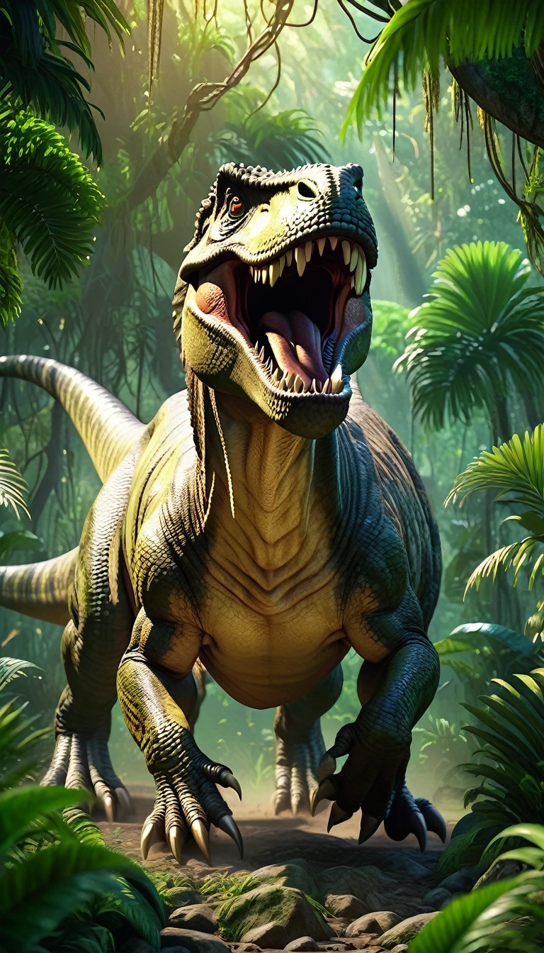 Tyrannosaurus Rex、Roar、Lush jungle background、Dramatic lighting、Highly detailed dynamic pose、Photorealistic、Ultra HD、Cinematic shots