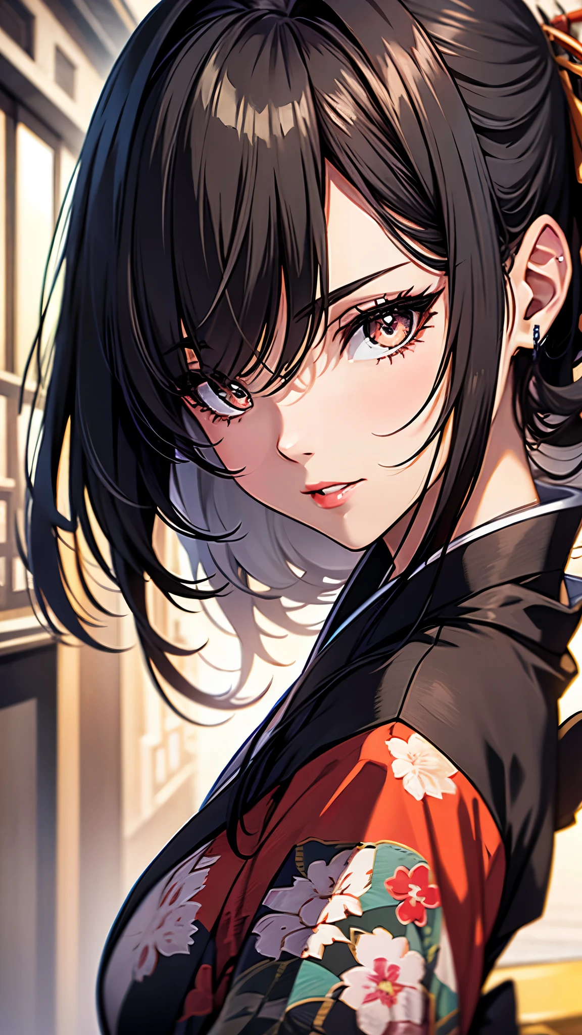 (1girl:1.3), Masterpiece, Best quality, amazing beauty, [[3D]], 4K, absurdres, finely detail, super detailed eye, perfect anatomy, official art, cinematic lighting, BREAK, sandy beach, silky long hair, silky straight hair, black hair, super shiny detailed black eye, big eyes, cute eyes, thick eyebrow, Looking at Viewer(camera), Looking Back, close -mouth, full lips, Eyeliner, False eyelashes, red lips, hairpin, happy face, BREAK , big breasts, tall, slender, glistening skin, arms behind back, face close-up,  from front, BREAK , , BREAK,(kimono:1.3)