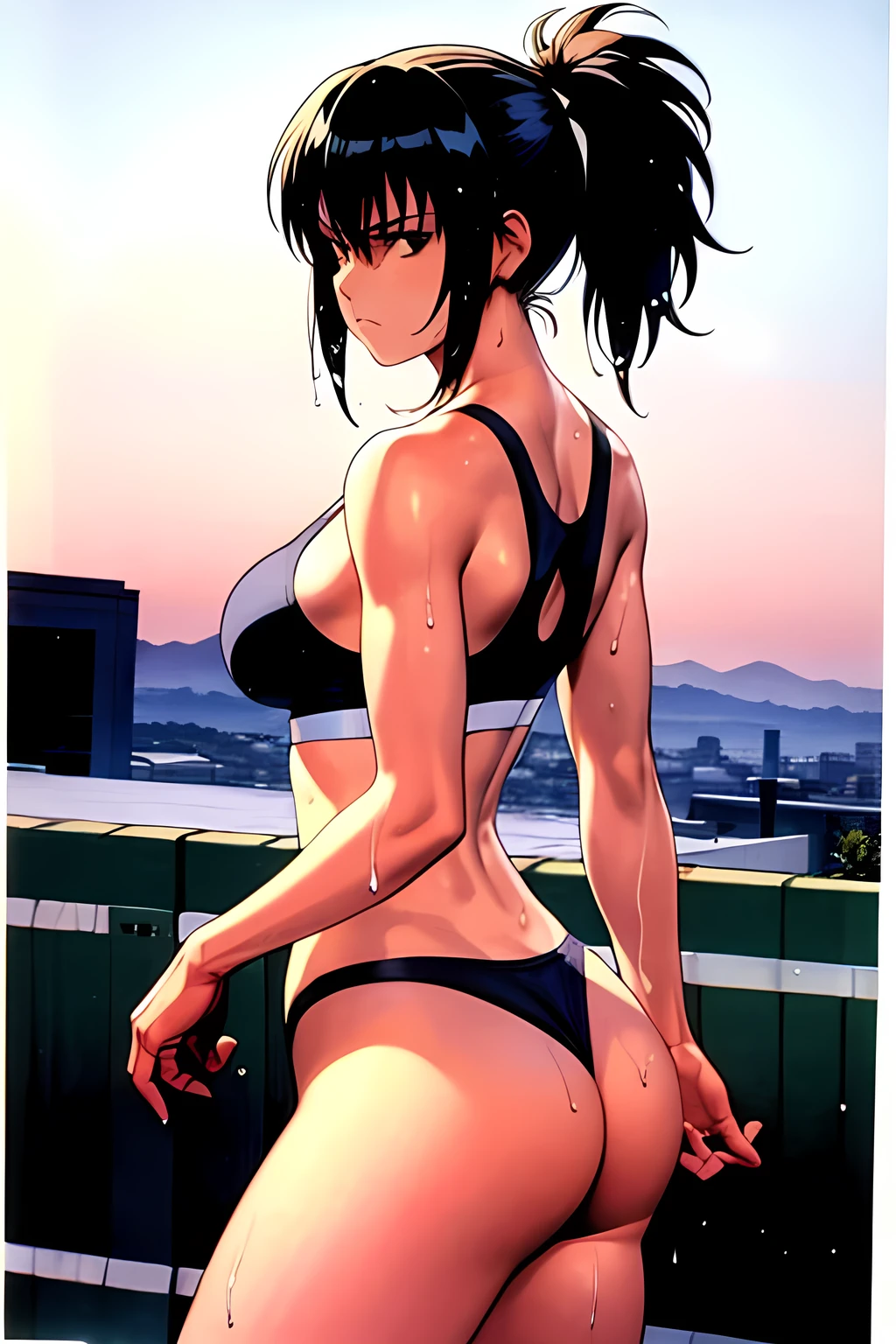 masterpiece, best quality, anime 1990s \(style\, leona heidern, wet sport bra, thong, desert, army, pony tail, wet, serious, soldier.