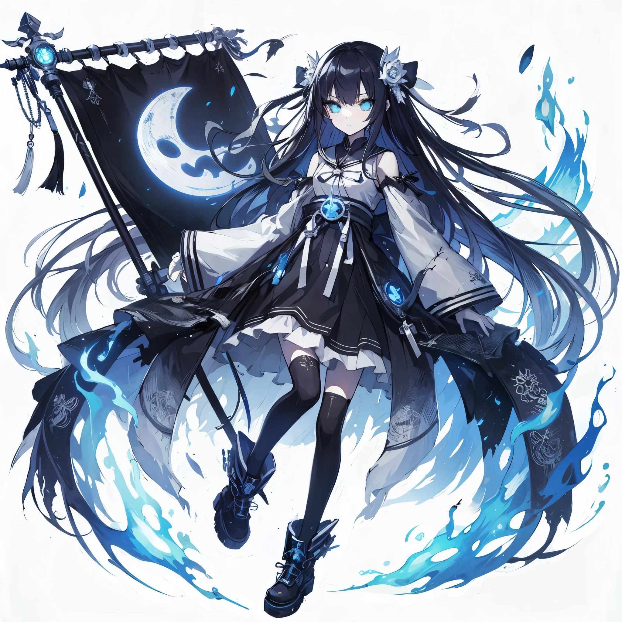 (masterpiece, Best Quality), (detailed hairs), Ultra-detailed, Anime style, Full body, Solo, Cyberpunk ghost girl with long black hair and neat white simple hair bows, Eyes burning with blue flame, Sleeveless outfit, she carries a huge war Banner. embroidered with a silver moon, wearing raised boots, floating in the air, blue lights like demon fire floating around her, slender figure, White background, standing full length,
