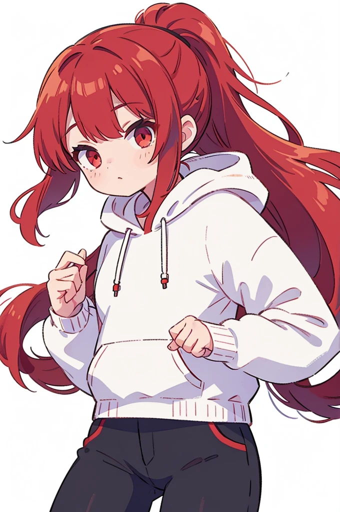 1 woman, best quality, Red Hair, ponytail, red eyes, white hoodie, black pants, white background, perfect hands