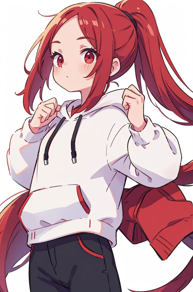 1 woman, best quality, Red Hair, ponytail, red eyes, white hoodie, black pants, white background, perfect hands